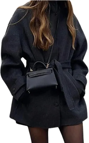 CHARTOU Women's Belted Midi Long Pea Coat Jacket Wool Blend Tweed Overcoat Button Up Stand Collar Coatigan