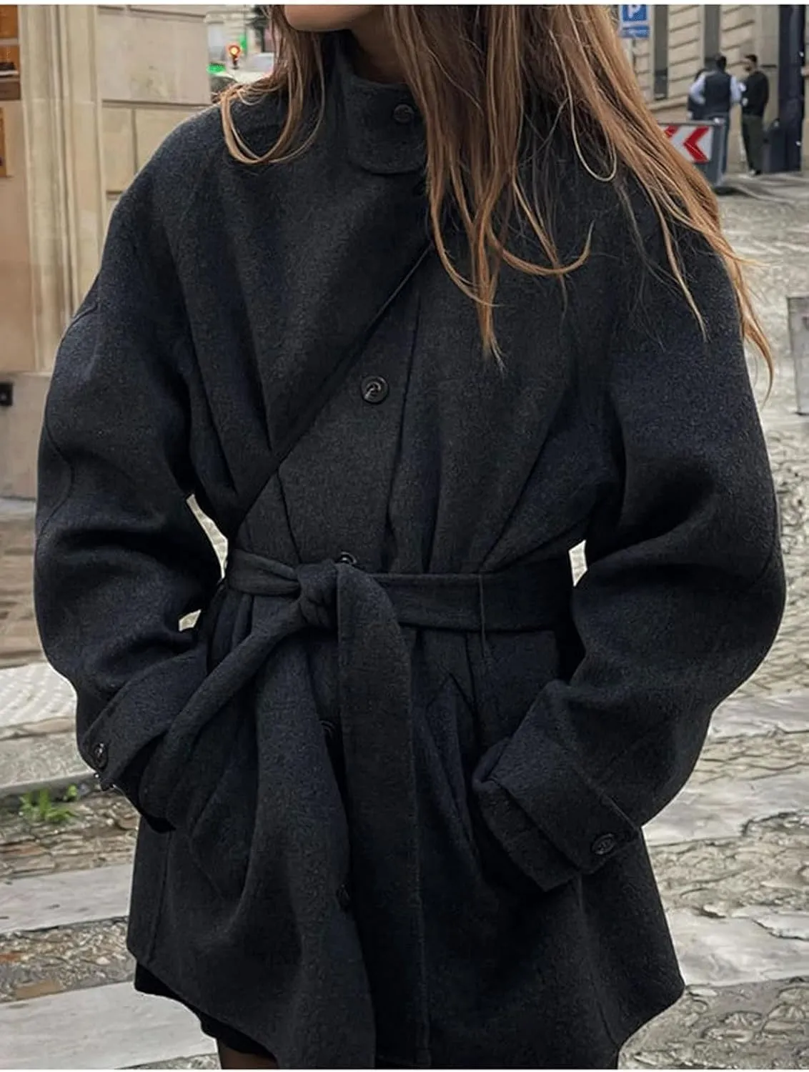 CHARTOU Women's Belted Midi Long Pea Coat Jacket Wool Blend Tweed Overcoat Button Up Stand Collar Coatigan