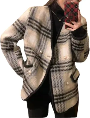 CHARTOU Women's Dressy Plaid Tweed Cropped Pea Coat Jacket Lady Double Breasted Wool Blend Over Coat Elegant