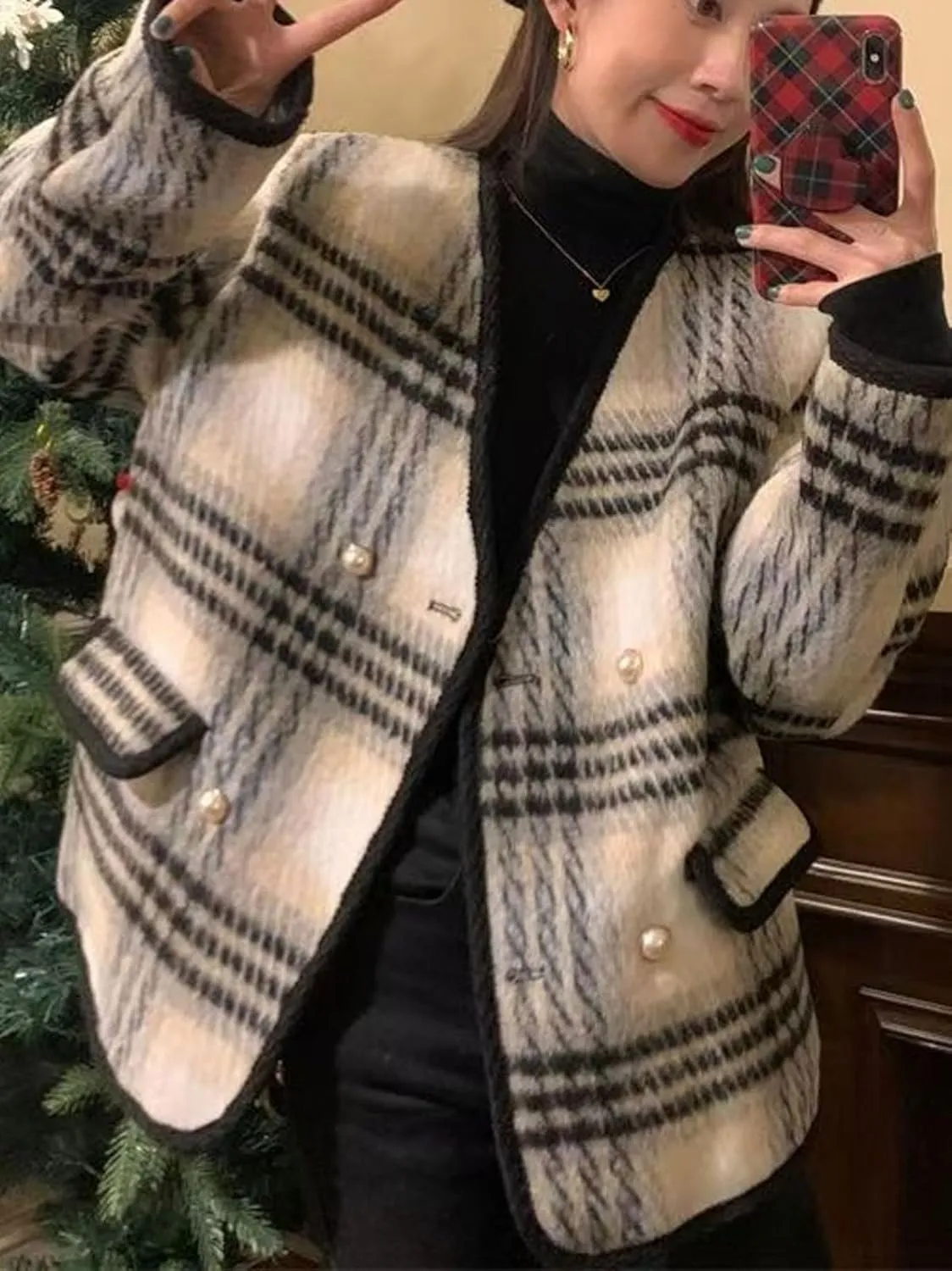 CHARTOU Women's Dressy Plaid Tweed Cropped Pea Coat Jacket Lady Double Breasted Wool Blend Over Coat Elegant