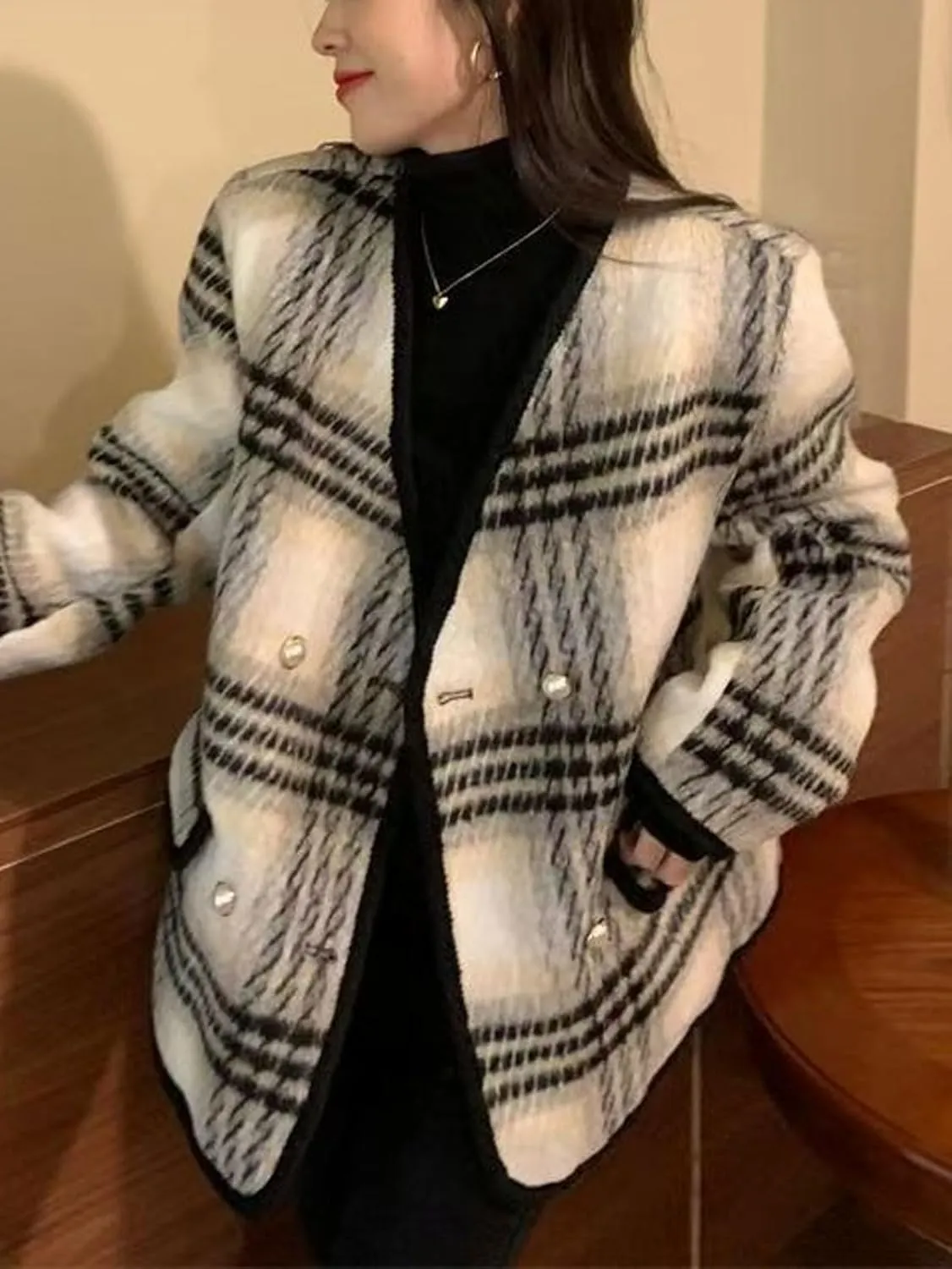 CHARTOU Women's Dressy Plaid Tweed Cropped Pea Coat Jacket Lady Double Breasted Wool Blend Over Coat Elegant