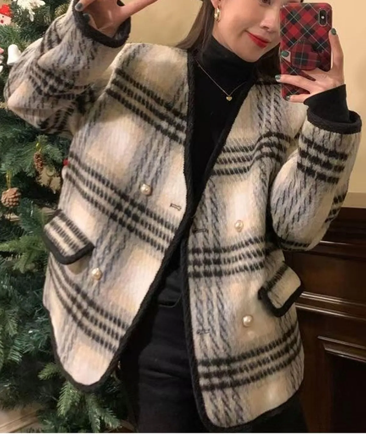 CHARTOU Women's Dressy Plaid Tweed Cropped Pea Coat Jacket Lady Double Breasted Wool Blend Over Coat Elegant