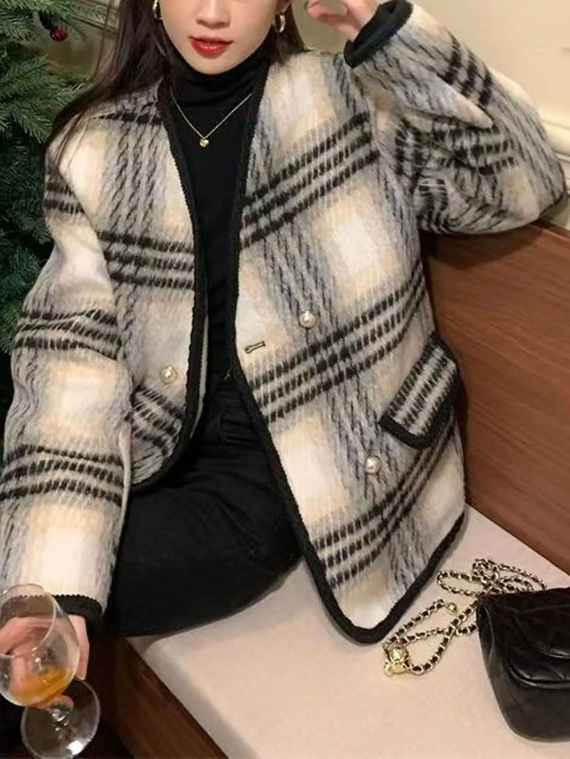 CHARTOU Women's Dressy Plaid Tweed Cropped Pea Coat Jacket Lady Double Breasted Wool Blend Over Coat Elegant