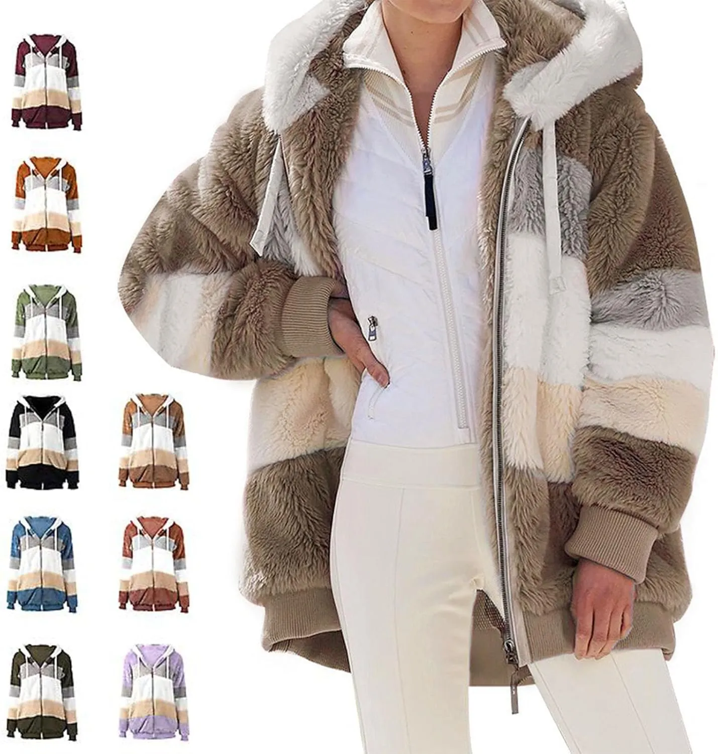 ChicCrate Womens Winter Coats Sherpa Jacket Fuzzy Fleece Jackets Oversized Casual Warm Outwear Zip Hooded Overcoat