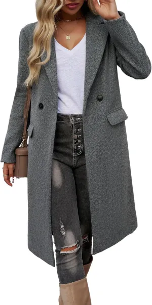 chouyatou Women's Casual Notched Lapel Wool Coat Double Breasted Wool Blend Duster Long Trench Pea Coat