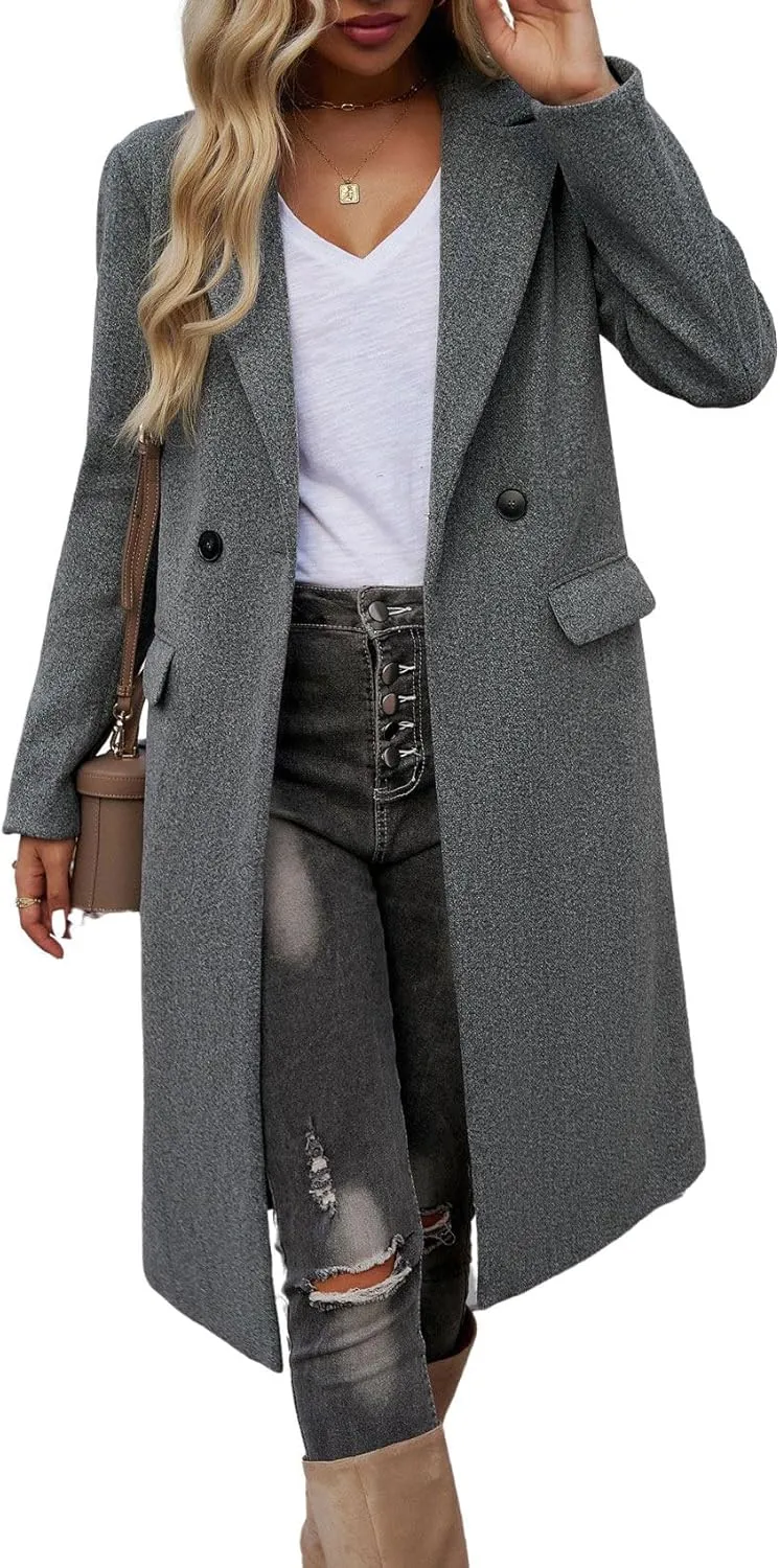 chouyatou Women's Casual Notched Lapel Wool Coat Double Breasted Wool Blend Duster Long Trench Pea Coat