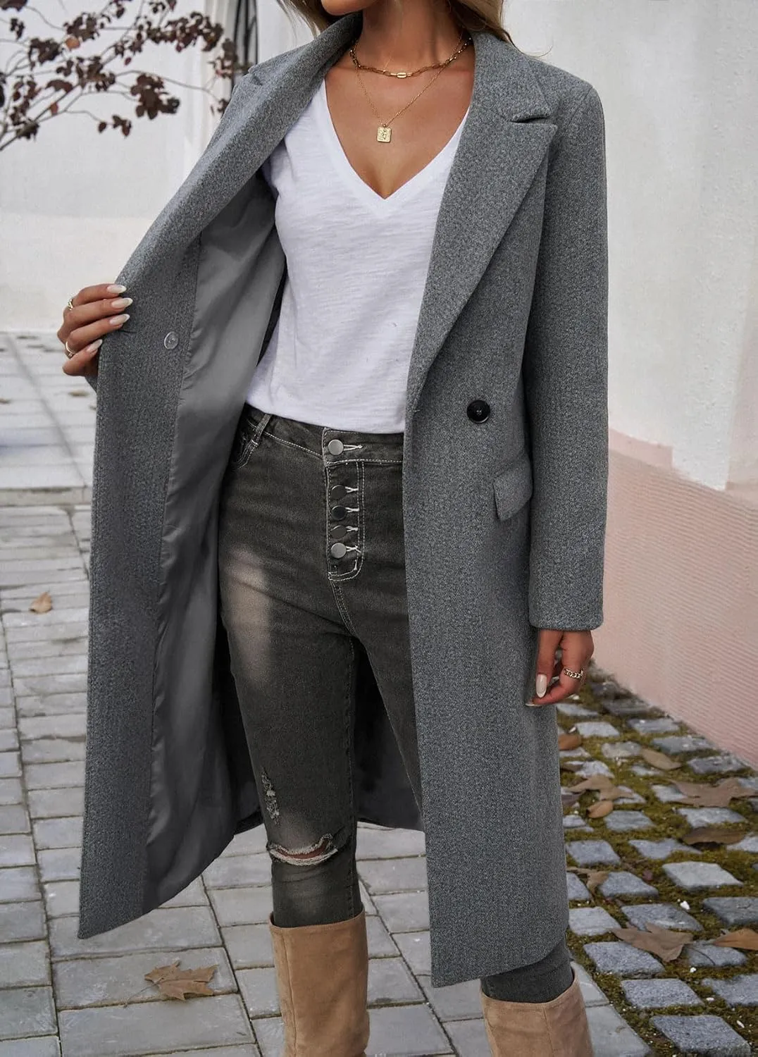 chouyatou Women's Casual Notched Lapel Wool Coat Double Breasted Wool Blend Duster Long Trench Pea Coat