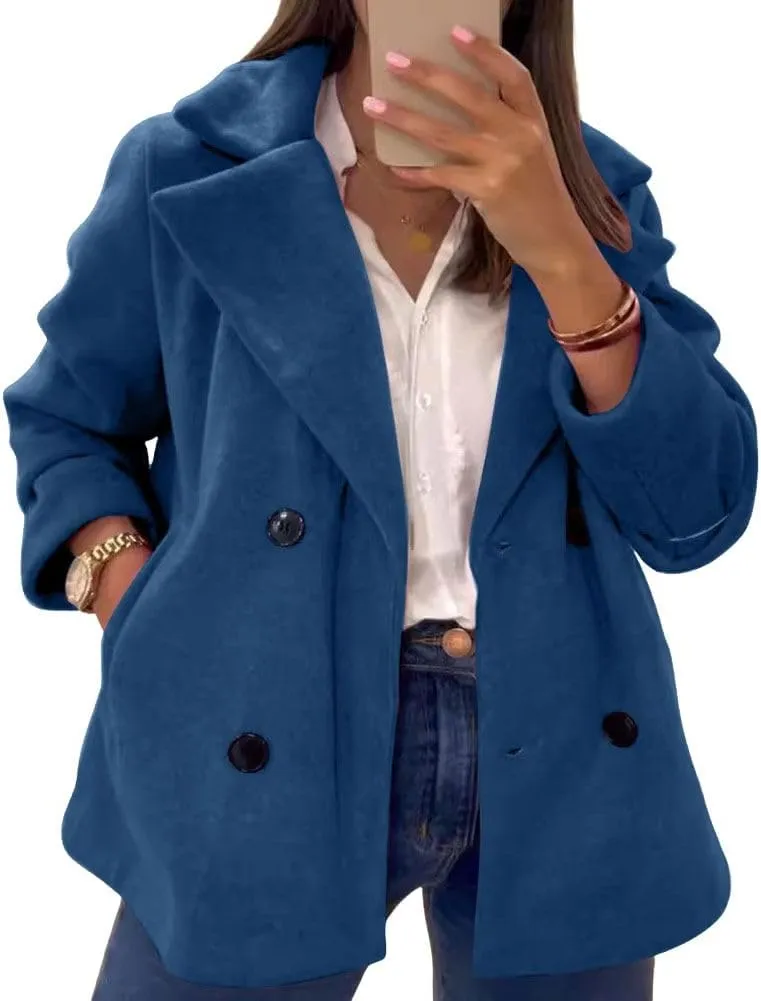 chouyatou Women's Elegant Lapel Double Breasted Wool Blend Overcoat Short Wool Pea Coat with Pockets
