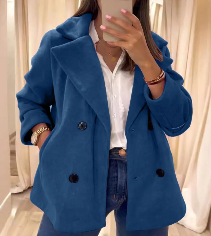 chouyatou Women's Elegant Lapel Double Breasted Wool Blend Overcoat Short Wool Pea Coat with Pockets