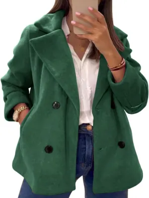 chouyatou Women's Elegant Lapel Double Breasted Wool Blend Overcoat Short Wool Pea Coat with Pockets