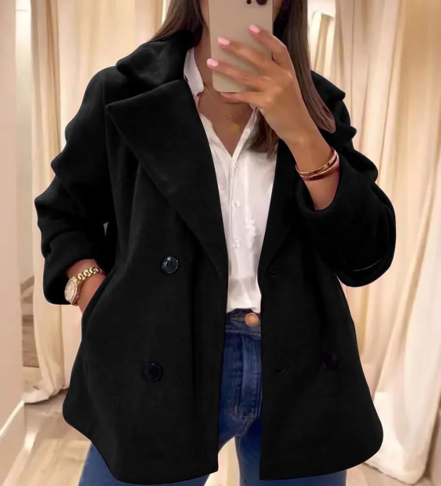 chouyatou Women's Elegant Lapel Double Breasted Wool Blend Overcoat Short Wool Pea Coat with Pockets