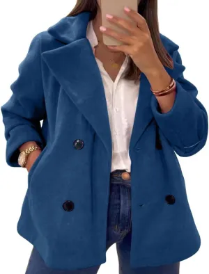 chouyatou Women's Elegant Lapel Double Breasted Wool Blend Overcoat Short Wool Pea Coat with Pockets