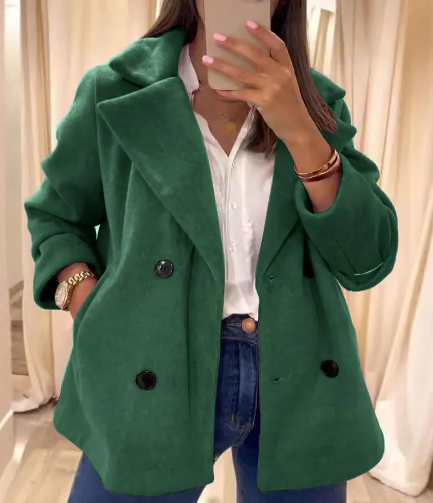 chouyatou Women's Elegant Lapel Double Breasted Wool Blend Overcoat Short Wool Pea Coat with Pockets