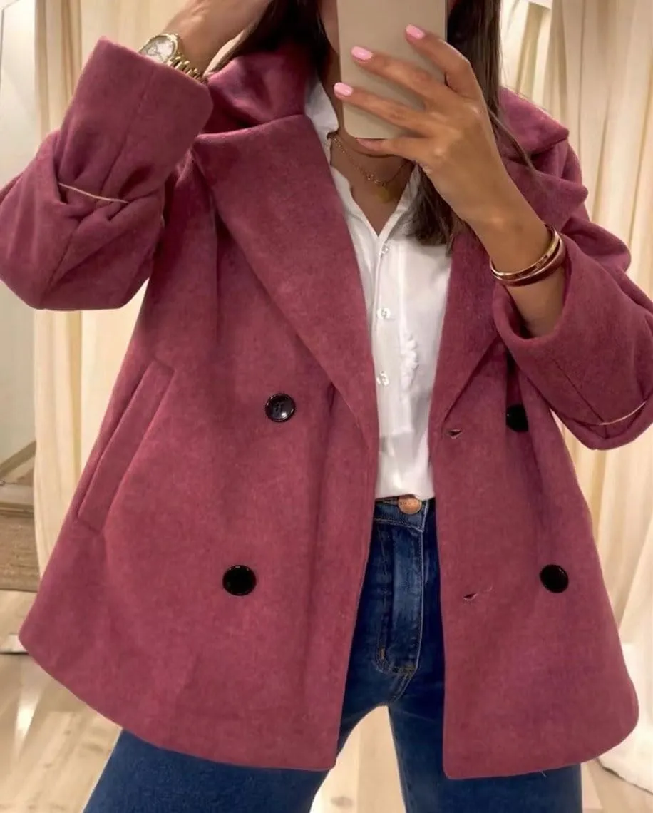 chouyatou Women's Elegant Lapel Double Breasted Wool Blend Overcoat Short Wool Pea Coat with Pockets