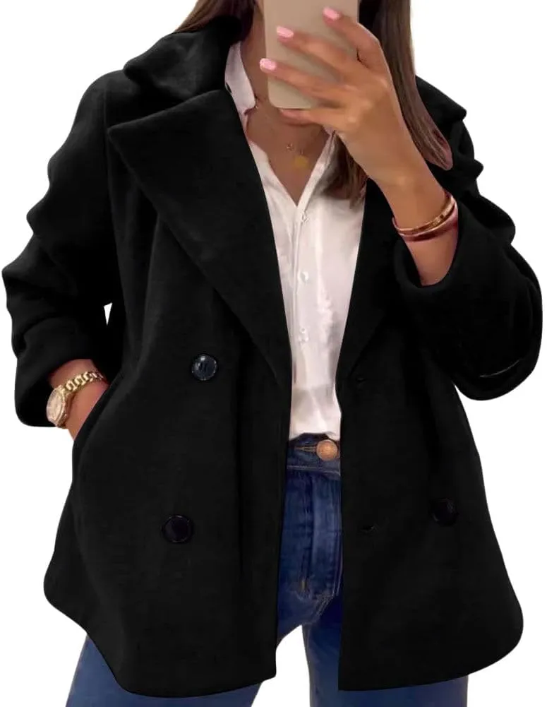chouyatou Women's Elegant Lapel Double Breasted Wool Blend Overcoat Short Wool Pea Coat with Pockets