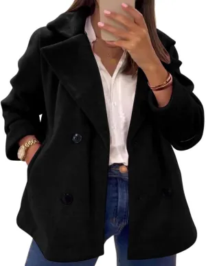 chouyatou Women's Elegant Lapel Double Breasted Wool Blend Overcoat Short Wool Pea Coat with Pockets