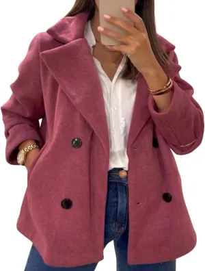 chouyatou Women's Elegant Lapel Double Breasted Wool Blend Overcoat Short Wool Pea Coat with Pockets