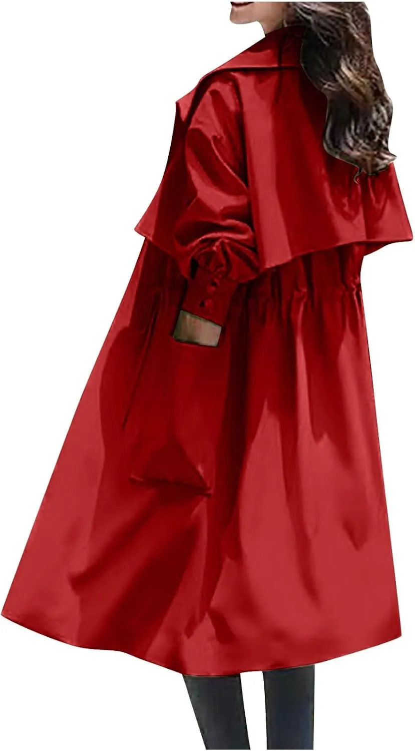 Coats for Women Trendy Lapel Collar Peacoat Fall Drawstring Waist Soild Trench Coat Light Thin Long Pea Coat Overcoat