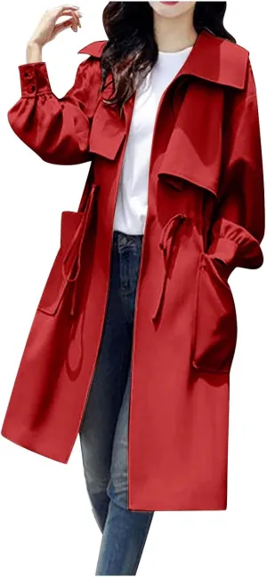 Coats for Women Trendy Lapel Collar Peacoat Fall Drawstring Waist Soild Trench Coat Light Thin Long Pea Coat Overcoat
