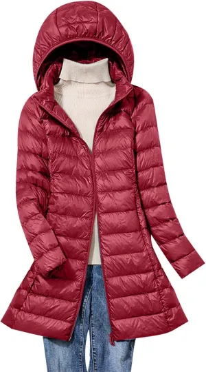 Comfy Hoodie Women's Warm Winter Coats Packable Solid Hooded Zipper Down Jacket Insulated Lightweight Mid Length Puffer Coat Jacket Women Wine