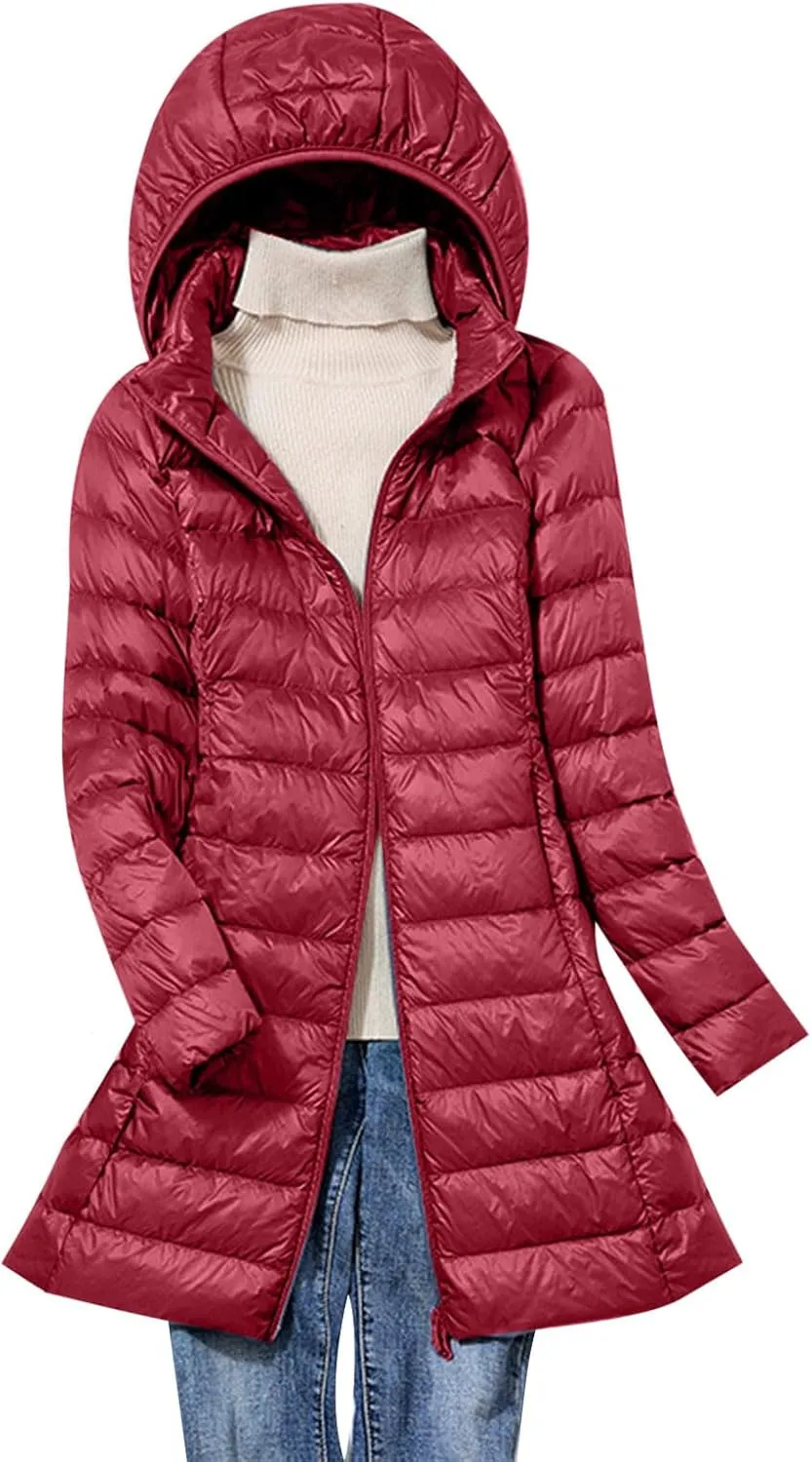 Comfy Hoodie Women's Warm Winter Coats Packable Solid Hooded Zipper Down Jacket Insulated Lightweight Mid Length Puffer Coat Jacket Women Wine
