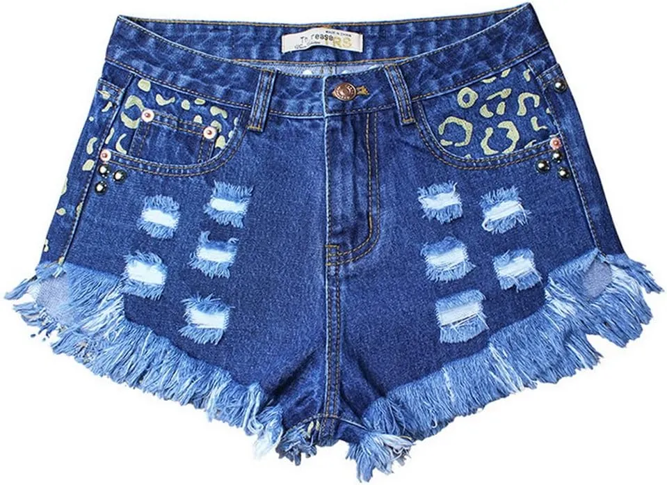 COMLIFE Women's Denim Shorts Worn Irregular Tassels Hem Sexy Studded Mid Waisted Jean Short Pants