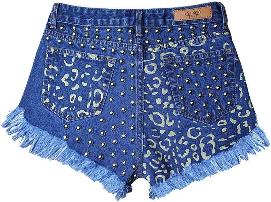 COMLIFE Women's Denim Shorts Worn Irregular Tassels Hem Sexy Studded Mid Waisted Jean Short Pants
