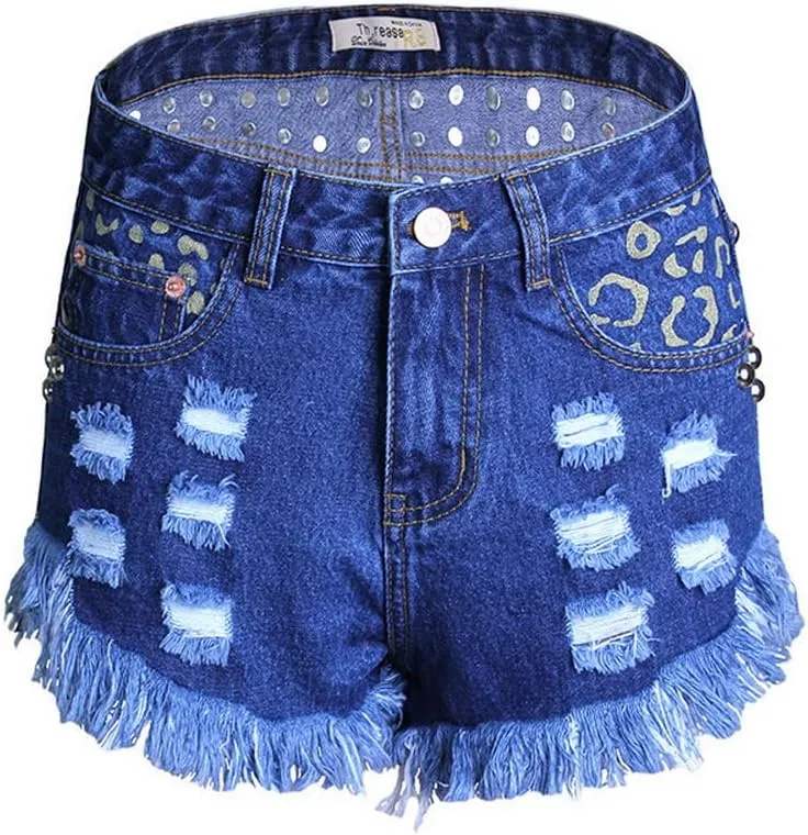 COMLIFE Women's Denim Shorts Worn Irregular Tassels Hem Sexy Studded Mid Waisted Jean Short Pants