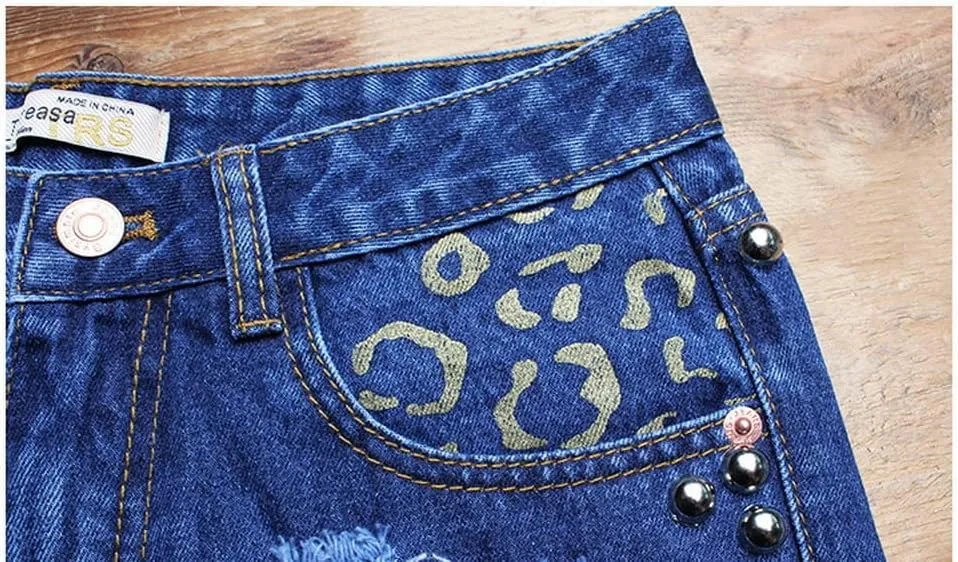 COMLIFE Women's Denim Shorts Worn Irregular Tassels Hem Sexy Studded Mid Waisted Jean Short Pants