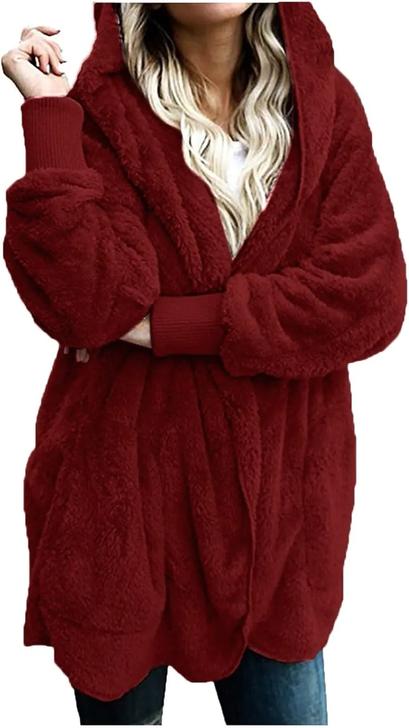 COTECRAM 2024 Womens Winter Long Sleeve Solid Fuzzy Fleece Open Front Hooded Cardigans Jacket Warm Coats Outwear Plush Tops