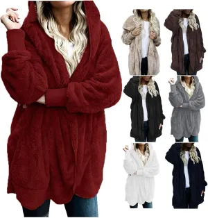 COTECRAM 2024 Womens Winter Long Sleeve Solid Fuzzy Fleece Open Front Hooded Cardigans Jacket Warm Coats Outwear Plush Tops