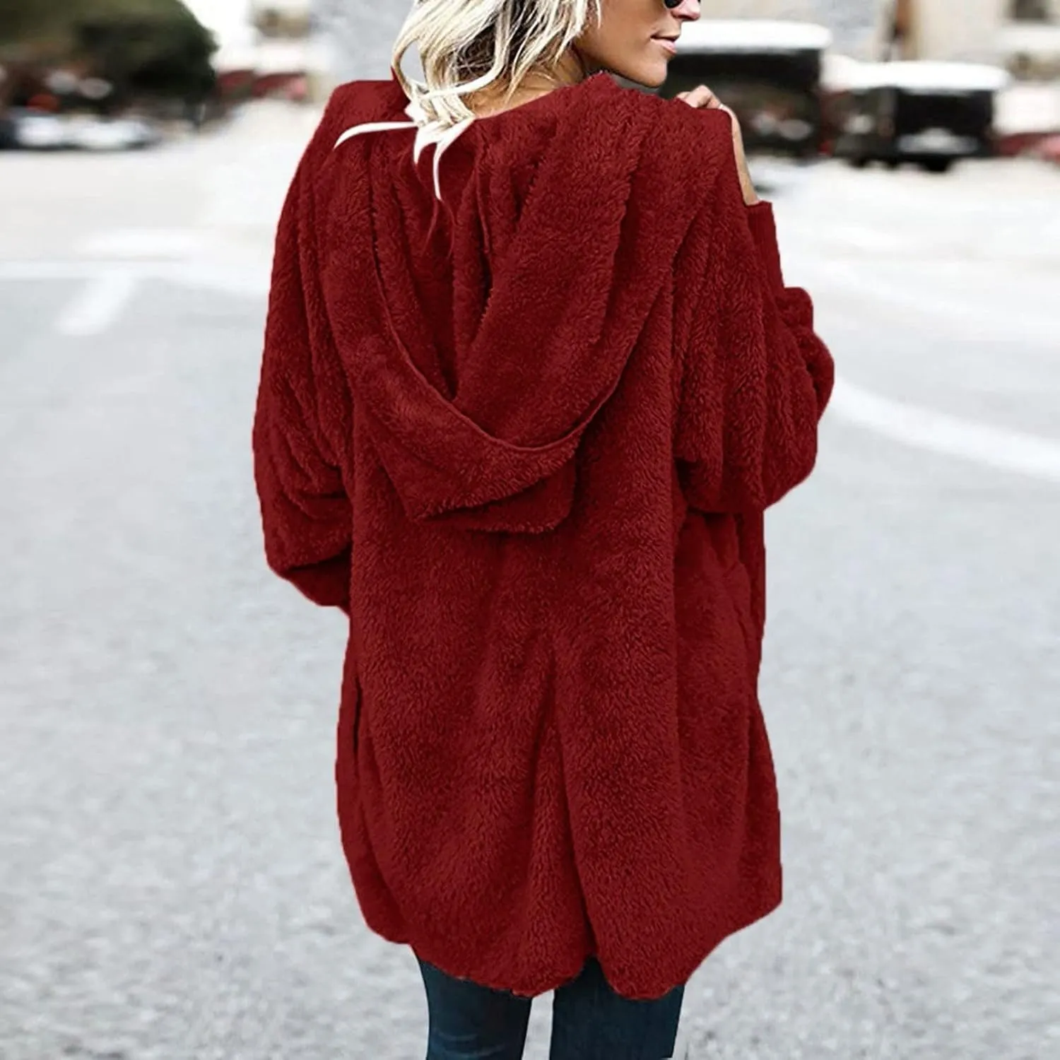 COTECRAM 2024 Womens Winter Long Sleeve Solid Fuzzy Fleece Open Front Hooded Cardigans Jacket Warm Coats Outwear Plush Tops