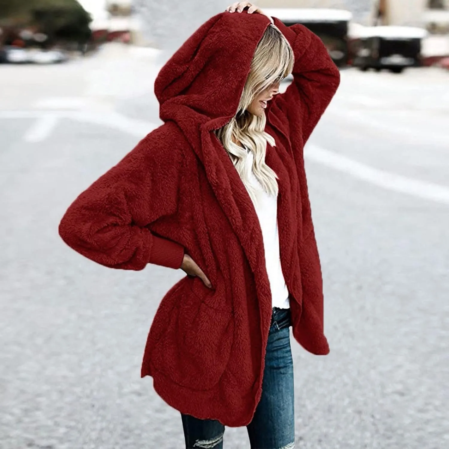 COTECRAM 2024 Womens Winter Long Sleeve Solid Fuzzy Fleece Open Front Hooded Cardigans Jacket Warm Coats Outwear Plush Tops