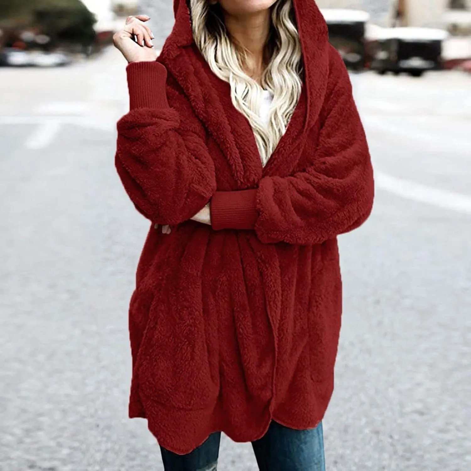 COTECRAM 2024 Womens Winter Long Sleeve Solid Fuzzy Fleece Open Front Hooded Cardigans Jacket Warm Coats Outwear Plush Tops