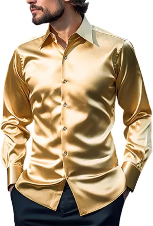 CRNTCEM Men's Luxury Dress Shirt Button Down Shiny Silk Like Satin Long Sleeve Regular Fit Slim Fit Wedding Party Prom Shirts