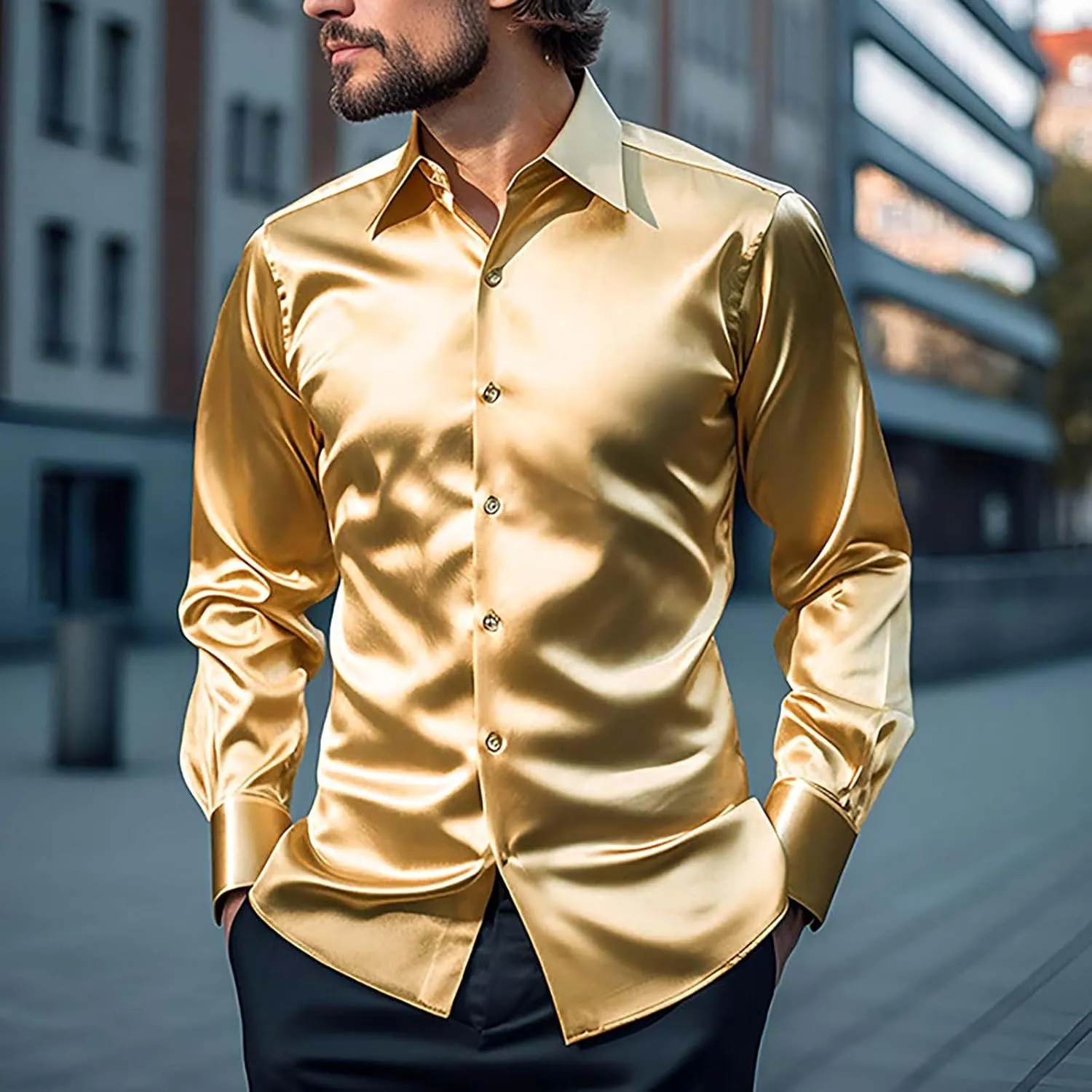 CRNTCEM Men's Luxury Dress Shirt Button Down Shiny Silk Like Satin Long Sleeve Regular Fit Slim Fit Wedding Party Prom Shirts