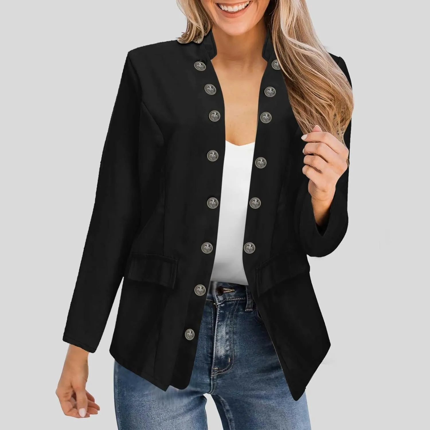 Crop Blazer for Women Mock Neck Button Jacket Open Front Cardigan Blouse Tops Business Casual Suit Coats