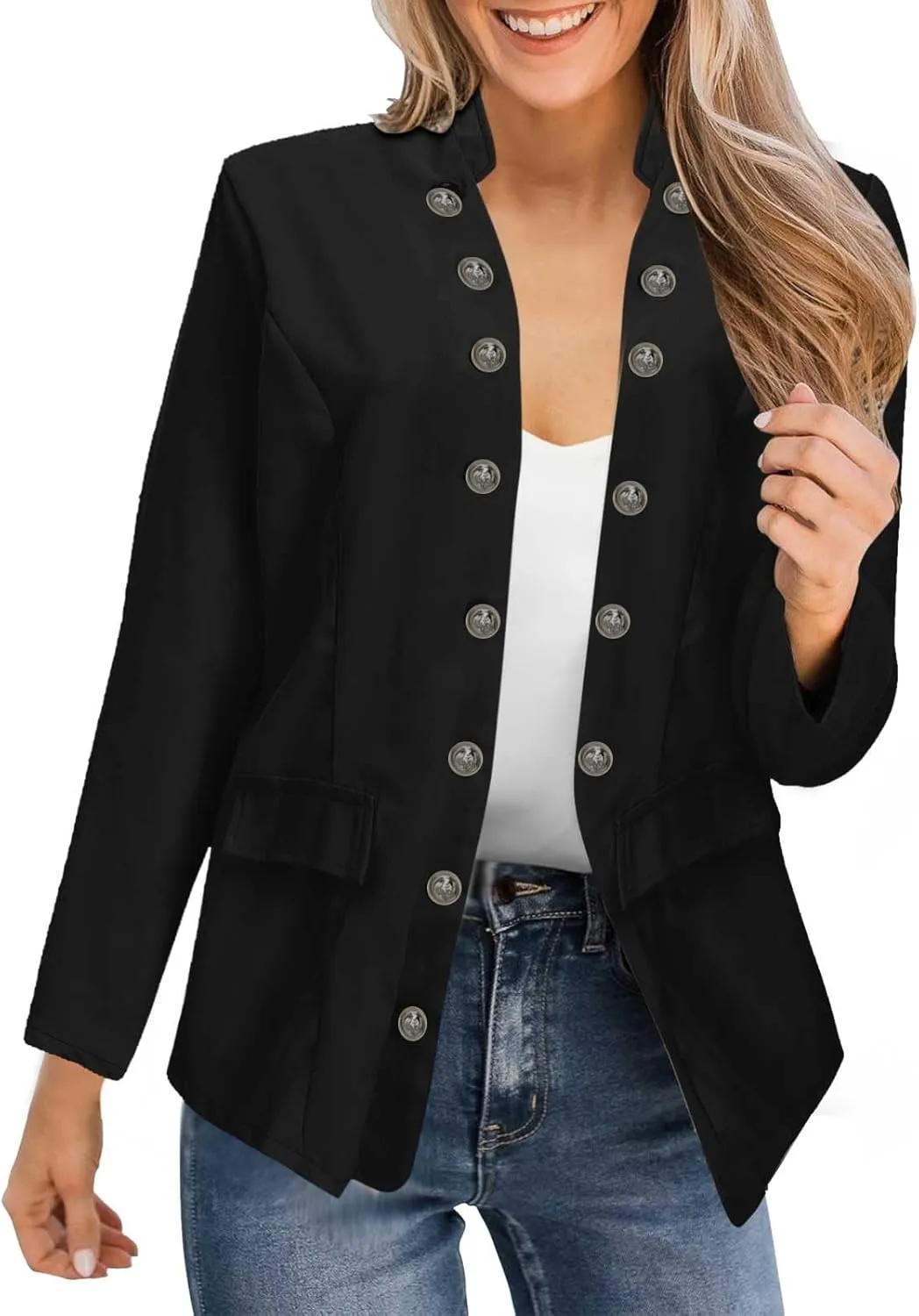 Crop Blazer for Women Mock Neck Button Jacket Open Front Cardigan Blouse Tops Business Casual Suit Coats