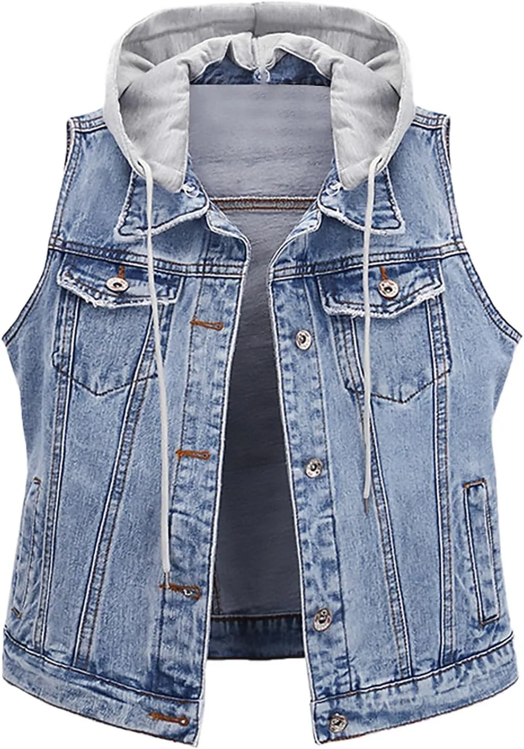 Cropped Jean Jacket for Women Denim Vest Distressed Sleeveless Denim Vest with Detachable Hoodie Waistcoat with Pocket