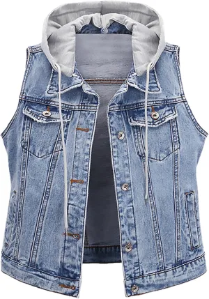 Cropped Jean Jacket for Women Denim Vest Distressed Sleeveless Denim Vest with Detachable Hoodie Waistcoat with Pocket