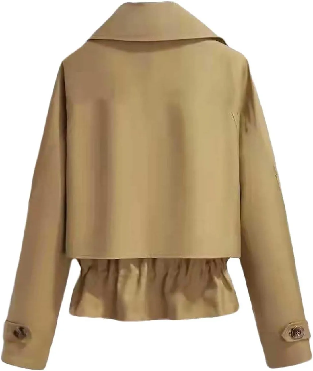 Cropped Trench Coat for Women Plus Size Notch Lapel Jackets Single-Breasted Ruffled Drawstring Hem Pea Coat Overcoat