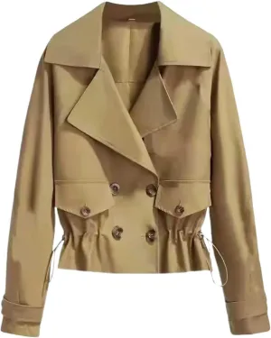 Cropped Trench Coat for Women Plus Size Notch Lapel Jackets Single-Breasted Ruffled Drawstring Hem Pea Coat Overcoat