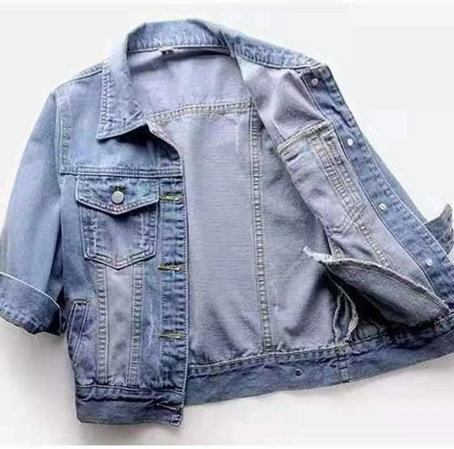 Denim Jacket for Women 3/4 Sleeve Cropped Denim Jacket Button Down Cropped Trucker Coat Retro Casual Jean Coats