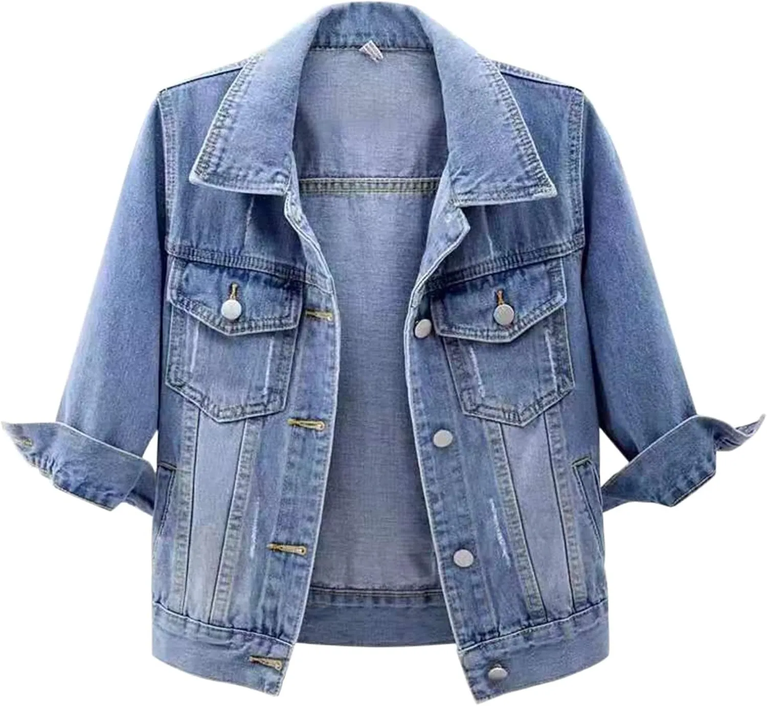 Denim Jacket for Women 3/4 Sleeve Cropped Denim Jacket Button Down Cropped Trucker Coat Retro Casual Jean Coats
