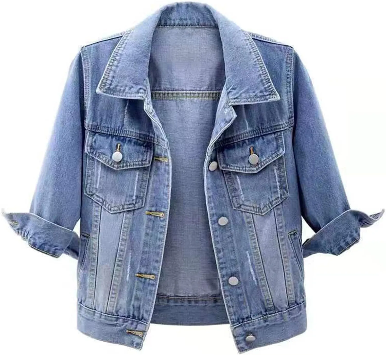 Denim Jacket for Women 3/4 Sleeve Cropped Denim Jacket Button Down Cropped Trucker Coat Retro Casual Jean Coats