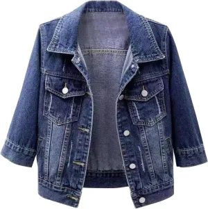 Denim Jacket for Women 3/4 Sleeve Cropped Denim Jacket Button Down Cropped Trucker Coat Retro Casual Jean Coats