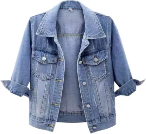 Denim Jacket for Women 3/4 Sleeve Cropped Denim Jacket Button Down Cropped Trucker Coat Retro Casual Jean Coats