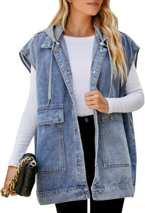 Denim Vest for Women Vintage Distressed Button Down Jean Jacket Classic Sleeveless Denim Waistcoat