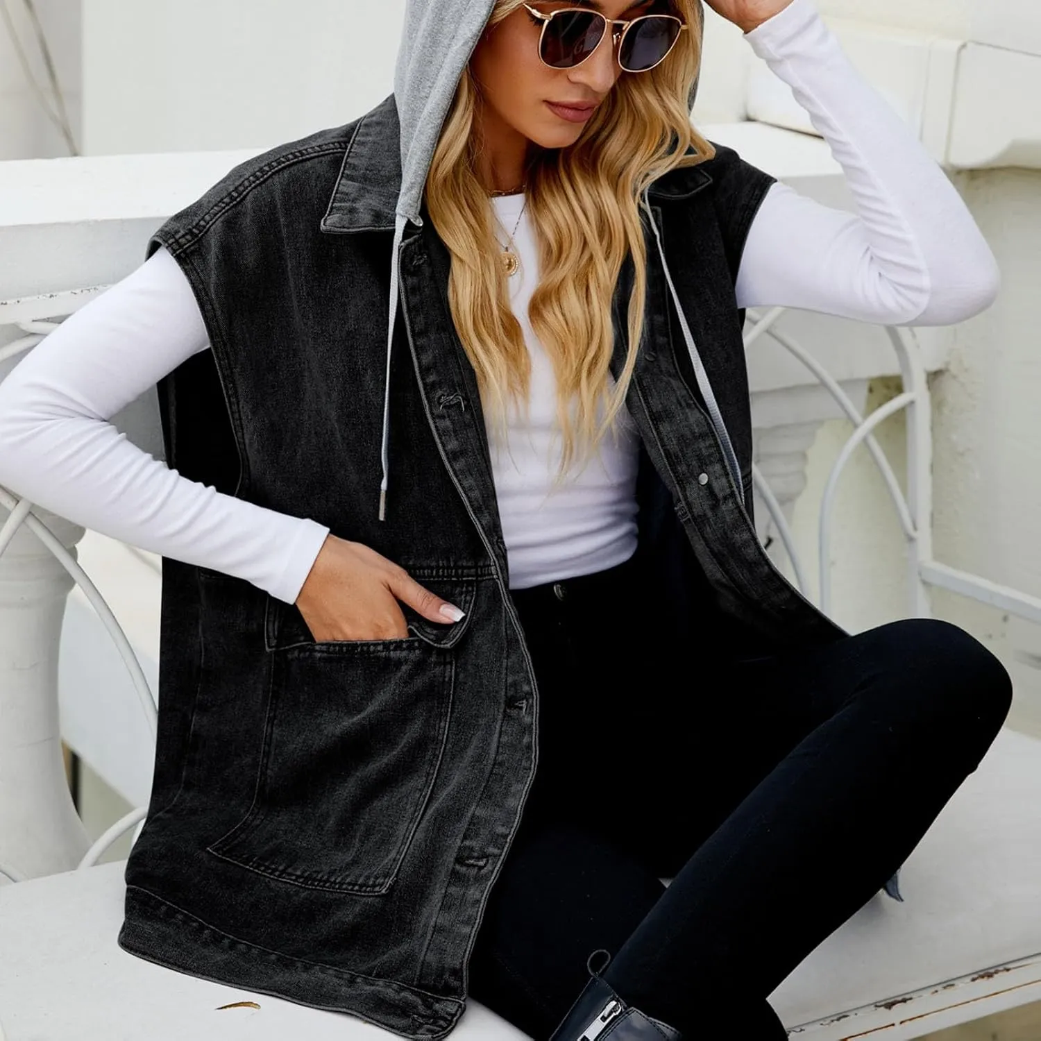 Denim Vest for Women Vintage Distressed Button Down Jean Jacket Classic Sleeveless Denim Waistcoat