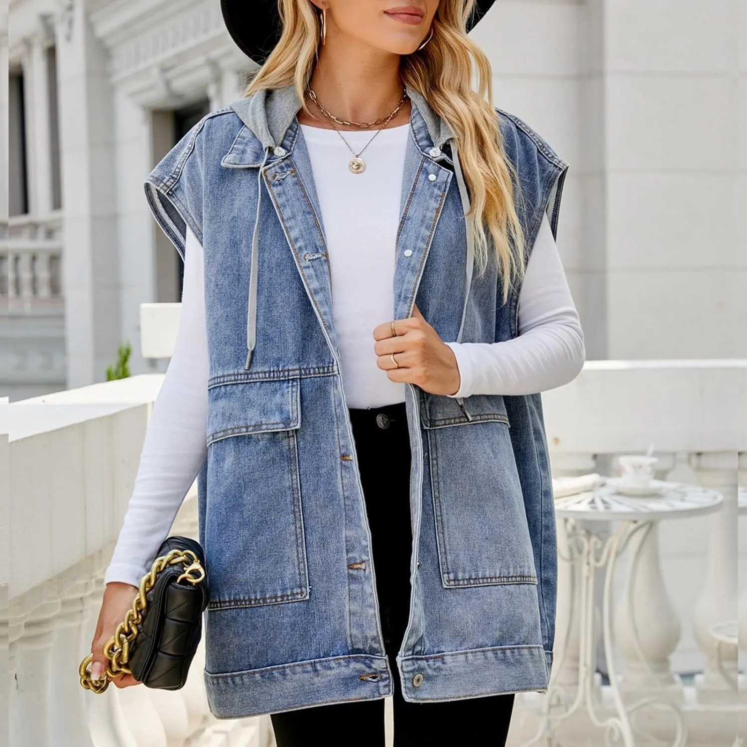 Denim Vest for Women Vintage Distressed Button Down Jean Jacket Classic Sleeveless Denim Waistcoat